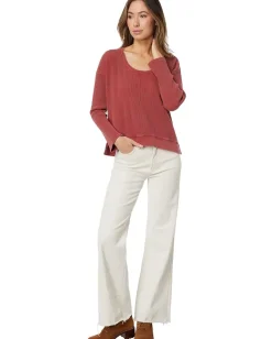 Mod-o-doc Washed Waffle Long Sleeve Open Neck Top Rustic Red Discount