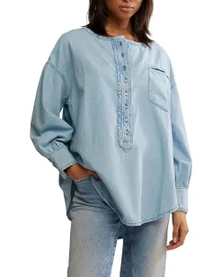 Free People We The Free Denim Dreaming Pullover So Soft Light Wash Clearance