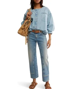 Free People We The Free Denim Dreaming Pullover So Soft Light Wash Clearance