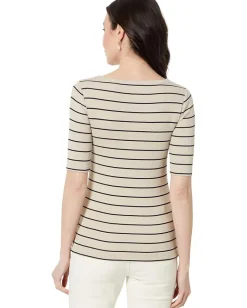 NIC+ZOE Wide Stripe Rib Knit Boatneck Tee Neutral Multi New