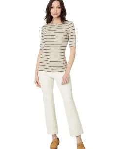 NIC+ZOE Wide Stripe Rib Knit Boatneck Tee Neutral Multi New
