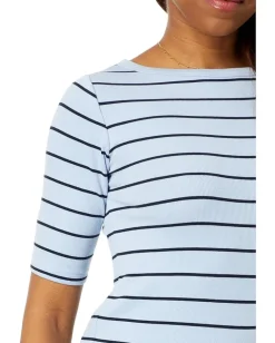 NIC+ZOE Wide Stripe Rib Knit Boatneck Tee Blue Multi New