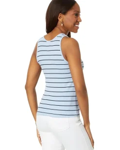 NIC+ZOE Wide Stripe Rib Knit High Neck Tank Blue Multi New