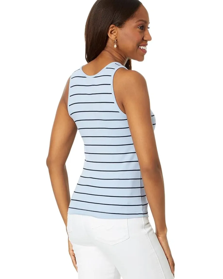 NIC+ZOE Wide Stripe Rib Knit High Neck Tank Blue Multi New