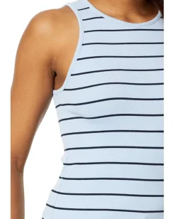 NIC+ZOE Wide Stripe Rib Knit High Neck Tank Blue Multi New