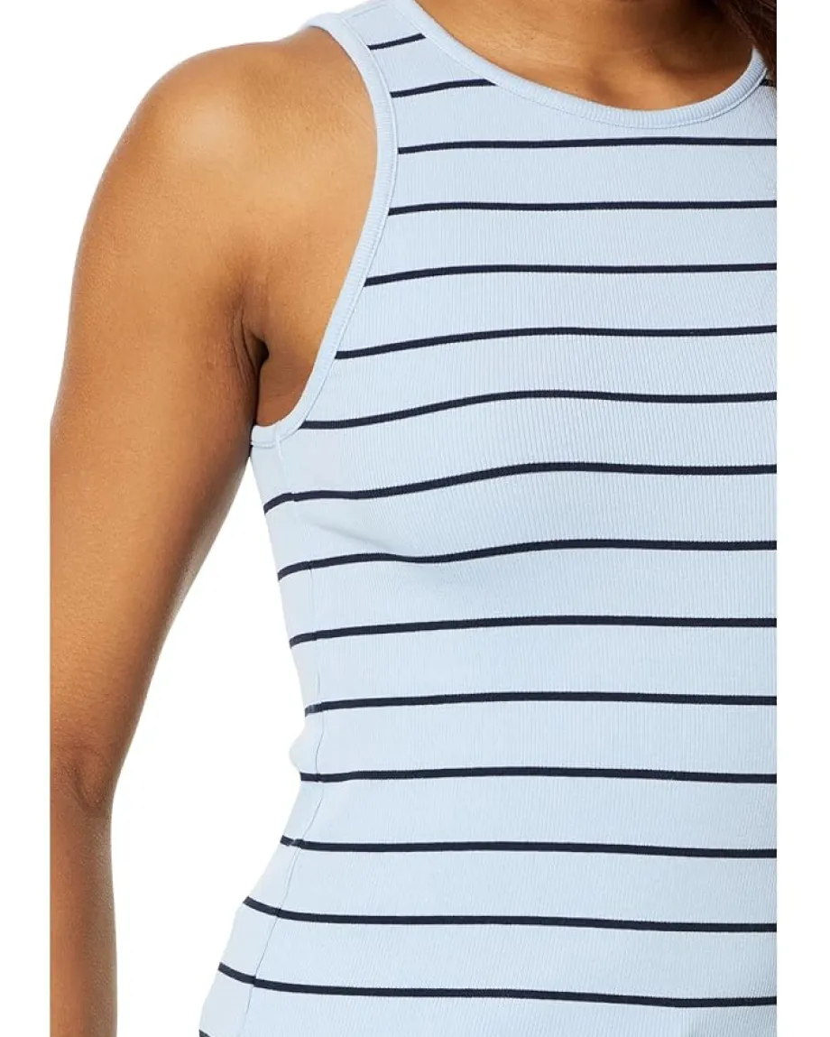 NIC+ZOE Wide Stripe Rib Knit High Neck Tank Blue Multi New