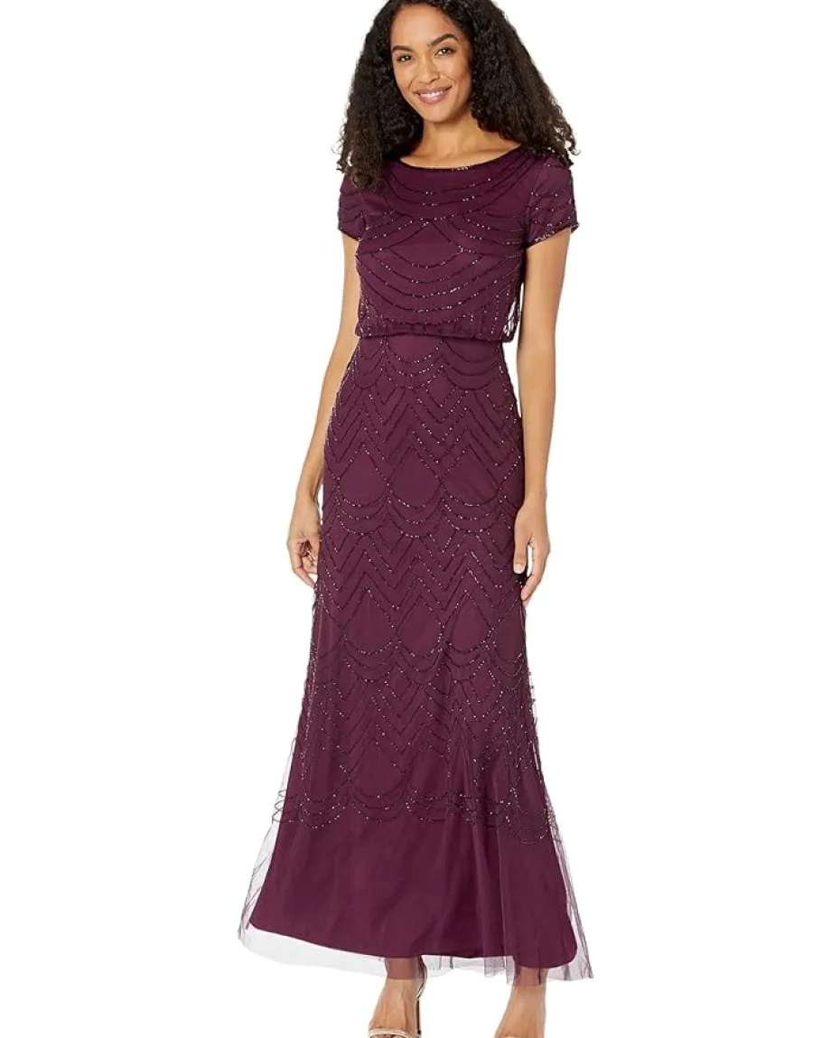 Women Adrianna Papell Women's Short Sleeve Blouson Beaded Gown