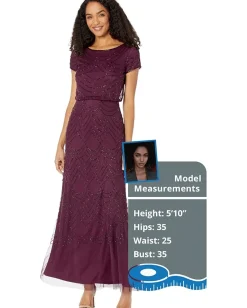 Women Adrianna Papell Women's Short Sleeve Blouson Beaded Gown