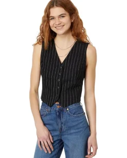 Madewell Wool Button-Front Vest in Pinstripe Almost Black Outlet