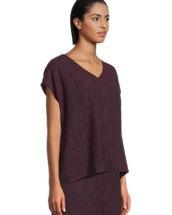 Eileen Fisher Woven Plisse V-Neck Square Top Blackberry