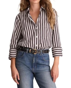 Madewell Y Neck Shirt With Adjustable Sleeve Purple Black And White Stripe Outlet