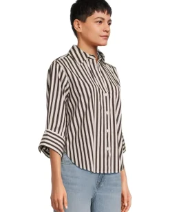 Madewell Y Neck Shirt With Adjustable Sleeve Purple Black And White Stripe Outlet
