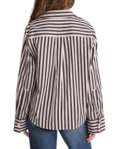Madewell Y Neck Shirt With Adjustable Sleeve Purple Black And White Stripe Outlet