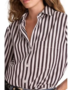 Madewell Y Neck Shirt With Adjustable Sleeve Purple Black And White Stripe Outlet