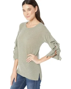 Tribal Yarn-Dyed Stripe Knit 3/4 Sleeve Top w/ Ruffle Sage Outlet