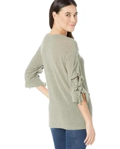 Tribal Yarn-Dyed Stripe Knit 3/4 Sleeve Top w/ Ruffle Sage Outlet