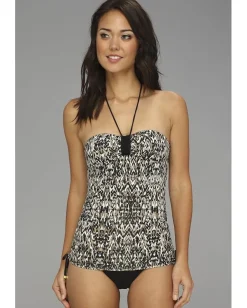Badgley Mischka Zara Shirred Bandeau Tankini Black New