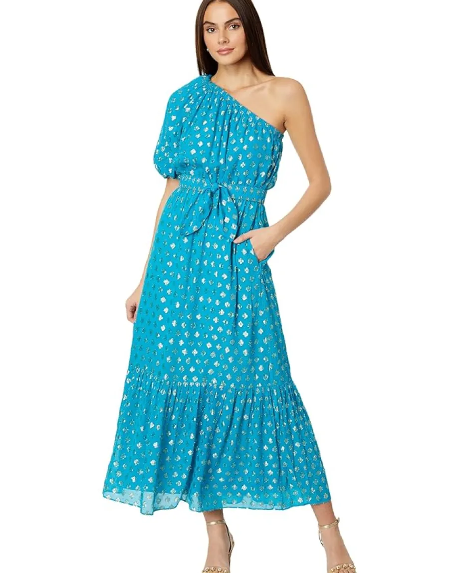 Lilly Pulitzer Zelalynn One Shoulder Maxi Blue Rhapsody Pattern Play Viscose Metallic Clip New