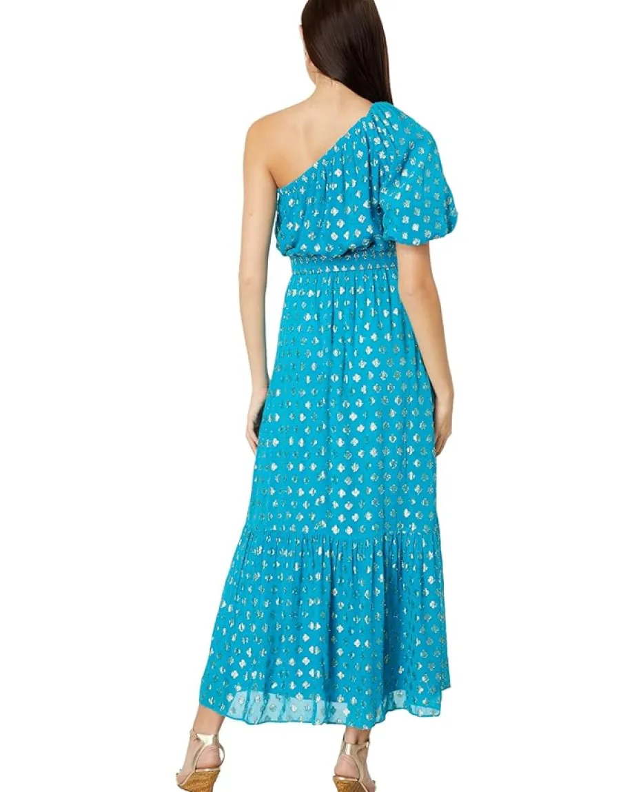 Lilly Pulitzer Zelalynn One Shoulder Maxi Blue Rhapsody Pattern Play Viscose Metallic Clip New