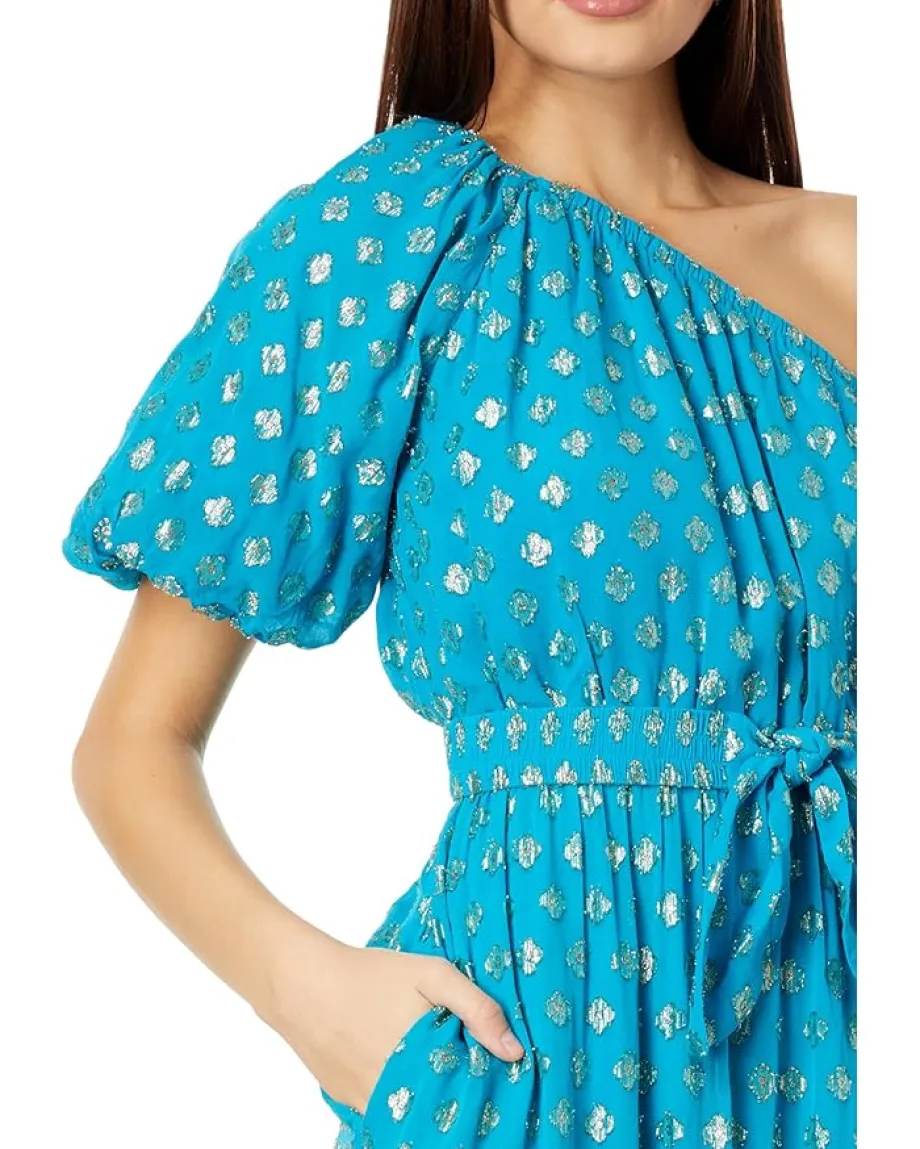 Lilly Pulitzer Zelalynn One Shoulder Maxi Blue Rhapsody Pattern Play Viscose Metallic Clip New