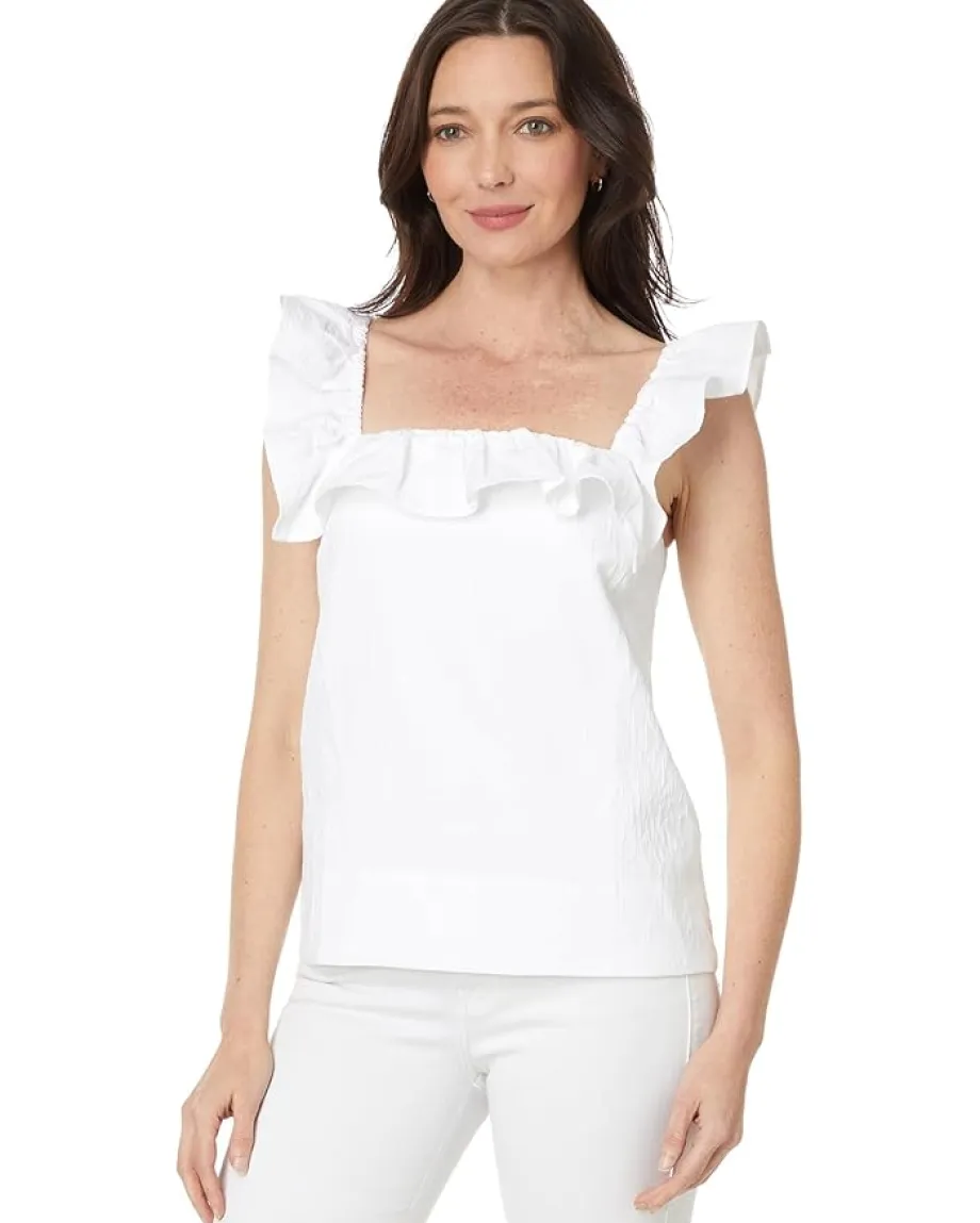Lilly Pulitzer Zoya Ruffle Top Resort White Caliente Pucker Jacquard Best